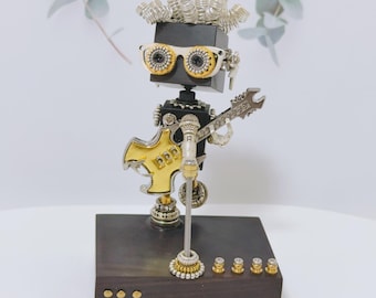 Guitar Player Steampunk Robot Figurine for Music Lover, Musician Rock N Roll Star Boy Sculpture, Vintage Industrial Whimsical Singer Gift