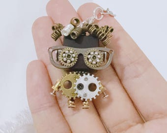 Artisan Crafted Curly Hair Steampunk Robot with Goggles Keychain, Made of Cog Spring Gear Screw Antique Robotic Bag Pendant, Punk Robot Gift