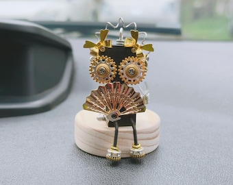 Handmade Wooden Robot Girl Holding Fan Car Dashboard Decor, Cute Mechenical Knick Knack for New Driver, Steampunk Drive Safe Accompany Gift
