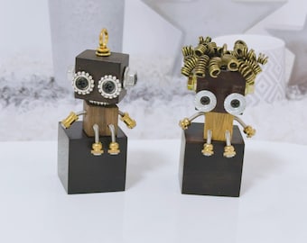 Handmade Wooden Punk Robot Figurine, Spring Curly Hair Cute Tiny Robotic Desk Buddy Companion, Unique Mechenical Steampunk Lovers Keychain