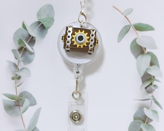 Handmade Unqiue Wooden Mechanical Camera Badge Reel, Steampunk Mini DSLR Camera Badge Holder for Photographer, Retractable ID Card Holder