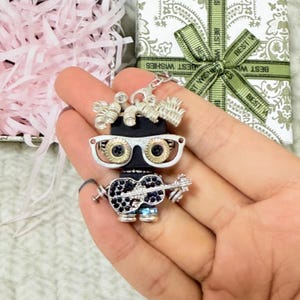 Handmade Rocker Robot Keychain, Steampunk Wooden Keyring with Guitar & Goggles, Unique Music Lover Boyfriend Gift, Punk Aesthetic Bag Charm image 2