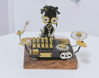 Handmade Wooden Drumming Robot Desk Decor, Unique Gift for Jazz Rock Musician,Sing Instrument Masterpiece Collection for Hiphop College Band