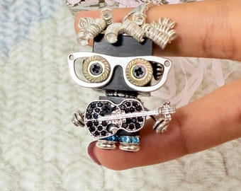 Handmade Rocker Robot Keychain, Steampunk Wooden Keyring with Guitar & Goggles, Unique Music Lover Boyfriend Gift, Punk Aesthetic Bag Charm