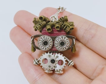Unique Funny Woodworking Punk Robot Keychain, Curly Hair Goggle Nuts and Bolts Steampunk Robotic Figurines & Knick Knacks, Mechenical Lover