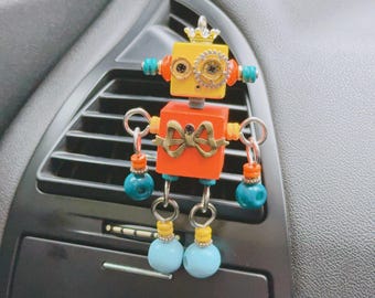 Handmade Wooden Goggle Bowknot Robot Car Vent Clip Charm, Colorful Car Interior Decor Women New Driver Gift, Gears & Cogs Beads Driving Pals
