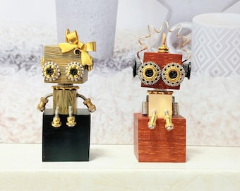 Handmade Unique Wooden Robot Desk Toy, Mini Mechanical Steampunk Robot Charm, Retro Robotic Figurine Miniature, Cog Gear Nuts Bolts Keychain