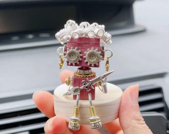 Steampunk Wooden Robot Car Dashboard Decor New Driver Gift, Unique Curly Hair Boy Holding Sword Office Desk Buddy Companion, Gears and Cogs