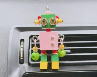 Handmade Wooden Robot Car Vent Clip Charm, Pink Bot Car Interior Decor New Driver Gift, Gears and Cogs Bead Girlish Travel Driving Companion