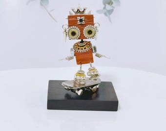 Handmade Cute Skateboarding Wooden Robot Desk Buddy, Unique Steampunk Mechanical Addition Oddity, Gift for Friend Collector Enthusiast Kids