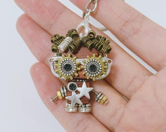 Handcrafted Cute Unique Curly Hair Steampunk Wood Robot Wearing Goggles Keychain,Industiral Retro Futuristic Punk Bot Bag Ornament Figurine