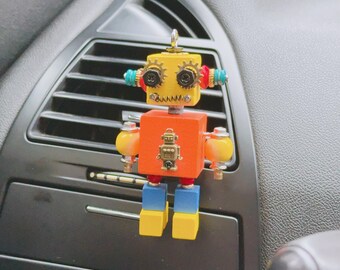 Handmade Wooden Robot Car Vent Clip Charm, Colorful Car Interior Decor New Driver Gift, Gears and Cogs Beads Blocks Travel Driving Companion