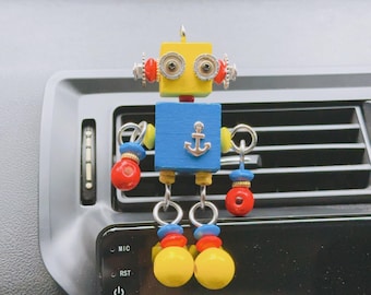 Handmade Wooden Navigation Robot Car Vent Clip Charm, Colorful Car Interior Decor New Driver Gift, Gears&Cogs Beads Travel Driving Companion