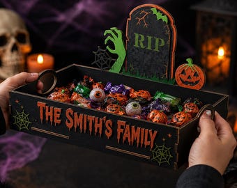 Personalized Halloween Wooden Treat Tray, Custom Family Name Candy Box, Pumpkin Bat Spiderweb Decor, Halloween Party Candy Holder