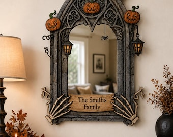 Personalized Gothic Halloween Mirror, Custom Family Name Mirror, Haunted House Wall Decor, Spooky Pumpkin Gothic Decor, Halloween Gift