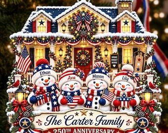 Enfeite de Natal personalizado para o 250º aniversário, EUA 1776–2026, boneco de neve da família, presente de Natal patriótico personalizado com o nome da família.