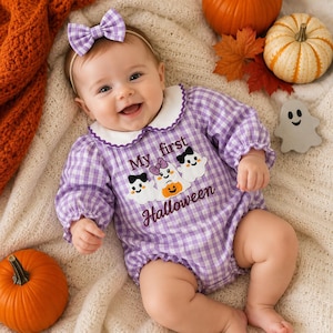 Macacão personalizado para bebê "Meu Primeiro Halloween", roupa de fantasma xadrez roxo, macacão bolha para bebê menina, roupa de outono com nome personalizado