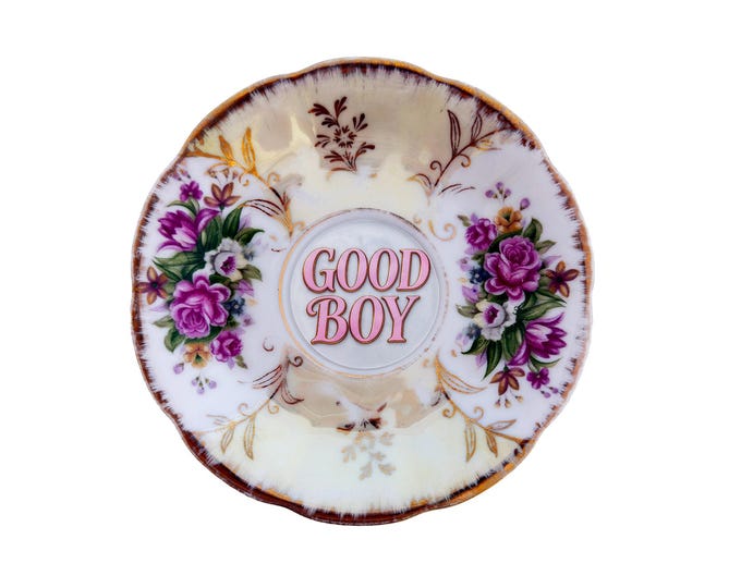 Vintage Franconia Krautheim Plate: "Good Boy" Slogan, Floral Design, Scalloped Gold Rim