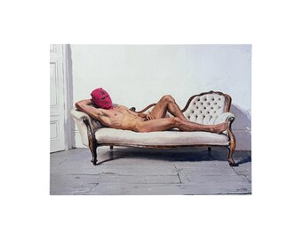Reclining Nude on Couch Canvas Board Print, Sleazecore Male Nude Art, Queer Erotic Wall Decor, Pink Hood Figure, UV Ink Fine Art Print