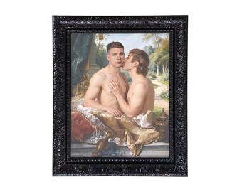 A Lover’s Embrace Framed Gay Male Nude Art, Queer Romantic Wall Decor, Classical Homoerotic Canvas Print, Gloss Black Frame, 20"x24"