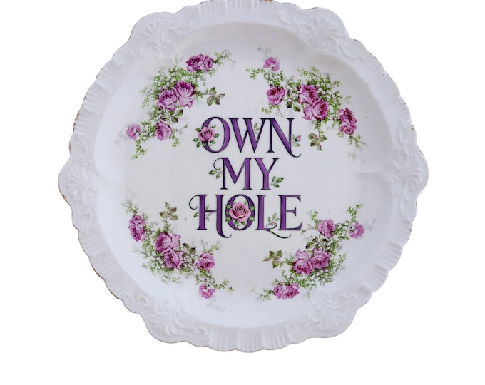 Vintage Sèvres Style Rose Plate: "OWN MY HOLE" Scalloped Edge Wall Art Catch-All