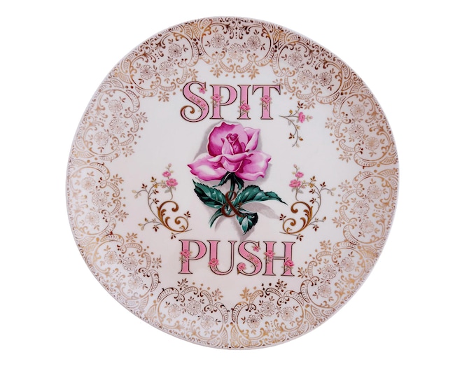 Vintage Crooksville Rose Plate: 22-KT Gold Filigree, "Spit & Push" Slogan Wall Art