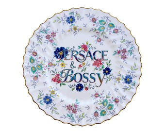 Versace & Bossy Upcycled Vintage Fine Bone China Plate 10.5" Art Display Home Accessory