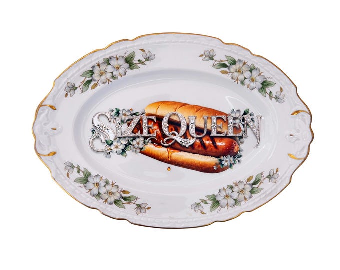 Size Queen Large 10"x14" Serving Platter Upcycled Vintage Fine Chine Wall Art Decor Plate Hot Dog Motif Kitsch