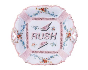 RUSH Tray Antique Edwardian Era German Porcelain 10"x11" Kitschy Humor Home Collector Wall Art Plate or Catchall