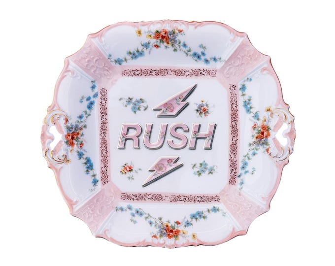 RUSH Tray Antique Edwardian Era German Porcelain 10"x11" Kitschy Humor Home Collector Wall Art Plate or Catchall
