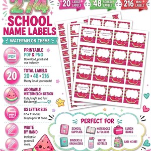 Watermelon School Name Labels Printable PDF PNG, Back to School Labels, Kids Name Tags, Lunch Box Labels, 284 Printable Labels