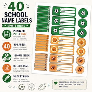 Puede incluir: Una hoja digital de 40 etiquetas escolares imprimibles con temas deportivos que incluyen fútbol, baloncesto y fútbol americano. Las etiquetas son rectangulares y circulares con detalles en verde y naranja, e incluyen líneas en blanco para nombre, materia y grado.