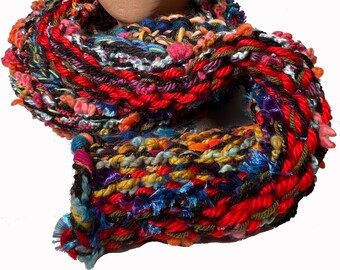 539 EDGECOMB SCARF ONLY: beauteous, handknit of reds/blacks and other bright colors. Unique, funky, warm and fun