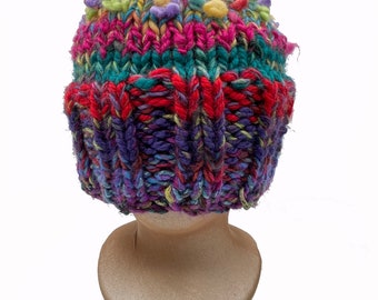 550 CUTLER CAP HAT: gorgeous hat of reds & other lovely tones; hand knit, funky, warm, reversible.