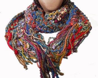 527 GILEAD SCARF ONLY: beautiful  multicolored hand knit scarf with an awesome fringe