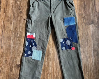 Pantalones de patchwork rediseñados, pieza única, ropa de trabajo, talla 38