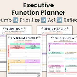 Può includere: Un set di pianificatore di funzioni esecutive con tre pagine stampate intitolate Brain Dump, Eisenhower Matrix e Weekly Review. Il layout include sezioni per attività, note e riflessioni con riquadri colorati e frecce etichettate come Dump, Prioritize, Act e Reflect.