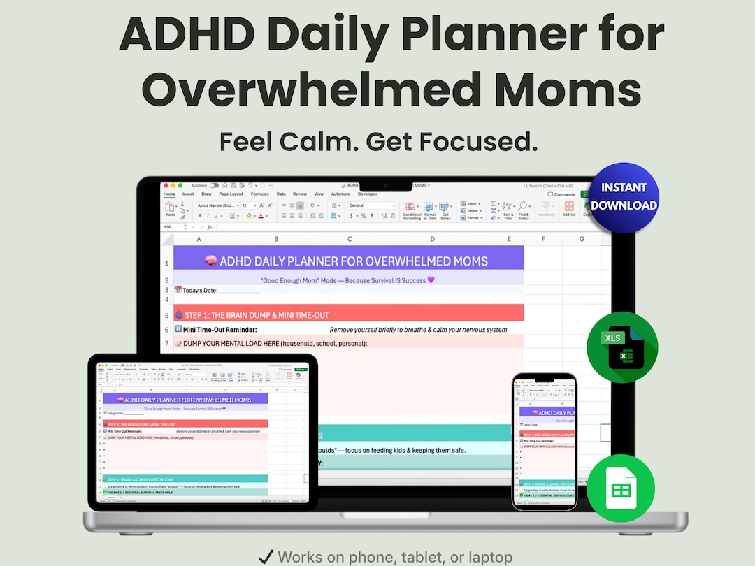 ADHD Daily Planner for Overwhelmed Moms | Printable, Excel & Google ...