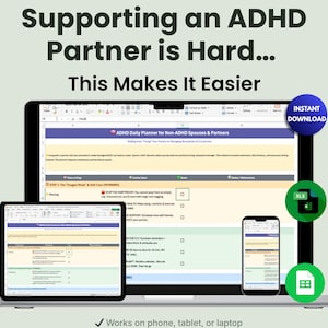 Könnte beinhalten: Ein digitaler Planer, der auf einem Laptop, Tablet und Telefon angezeigt wird. Der Text lautet: "Einen ADHS-Partner zu unterstützen ist schwer... Das macht es einfacher." Der Planer ist für Nicht-ADHS-Ehepartner und Partner.
