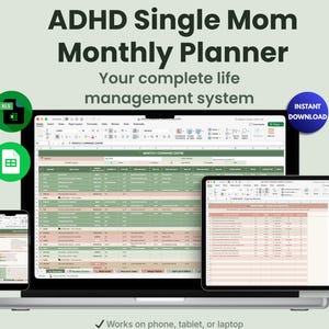 Op de afbeelding: Een laptop, tablet en smartphone tonen een maandelijks planner spreadsheet. De tekst "ADHD Single Mom Monthly Planner" staat bovenaan. De afbeelding bevat de tekst "Your complete life management system" en "INSTANT DOWNLOAD".