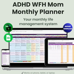 ADHD WFH Mom Monthly Planner Spreadsheet | Bewerkbare Excel- en Google Spreadsheets-indeling | Thuiswerken Kalender, doelen en mentale belasting bijhouden