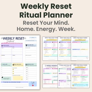 Może przedstawiać: Planer Weekly Reset Ritual zawierający dużą stronę panelu głównego oraz sześć mniejszych stron uzupełniających. Dokumenty zawierają sekcje dotyczące głównych zadań, sukcesów z poprzedniego tygodnia, otwartych spraw oraz cotygodniowych przeglądów.