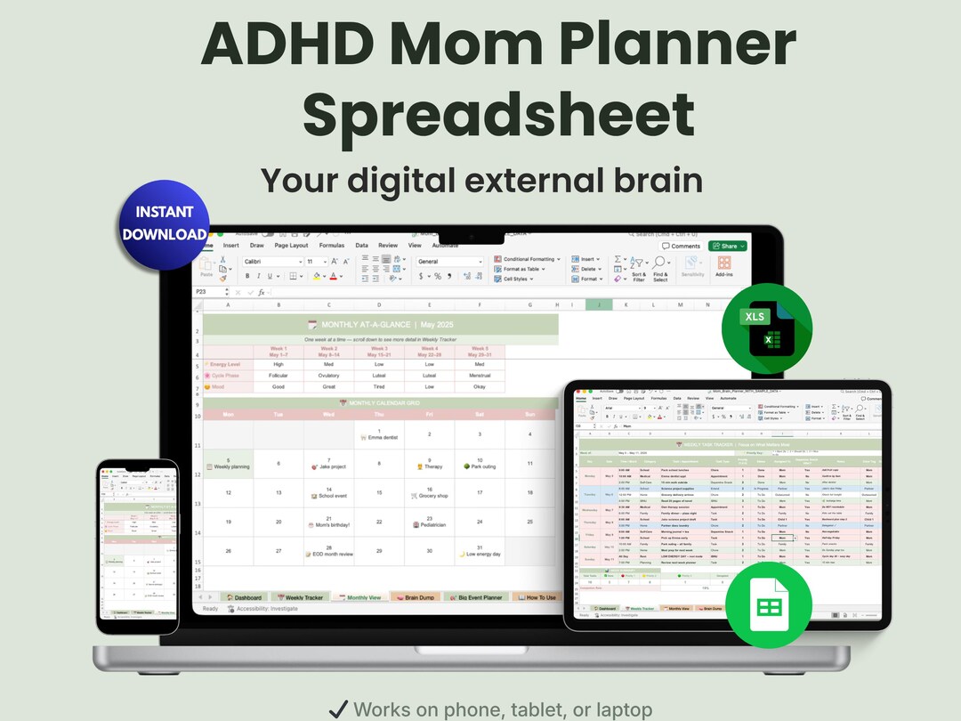 ADHD Mom Planner Spreadsheet | Editable Excel & Google Sheets Organizer ...
