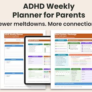 Puede incluir: Planificador semanal para padres con TDAH. La imagen muestra un planificador con el texto "Planificador semanal de TDAH para padres de niños pequeños". El planificador incluye secciones para la planificación semanal, herramientas y sistemas, y un sistema de reinicio.