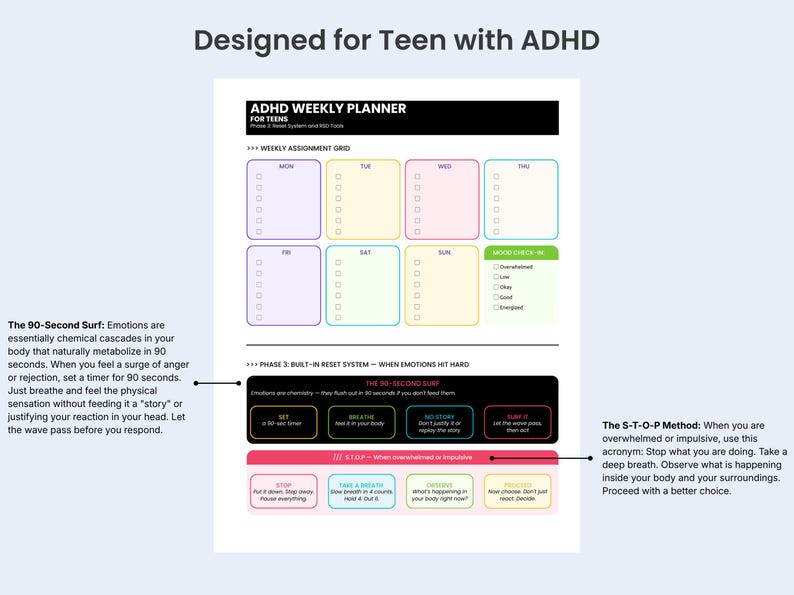 ADHD Teen Weekly Planner Printable | Homework & Study Planner ...