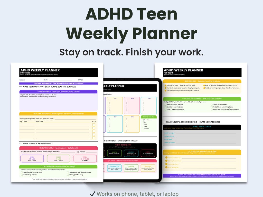 ADHD Teen Weekly Planner Printable | Homework & Study Planner ...