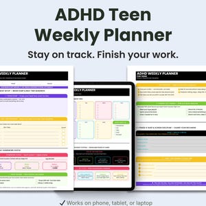 Può includere: Planner settimanale per adolescenti con ADHD con il testo "Rimani in carreggiata. Termina il tuo lavoro." L'immagine mostra un planner settimanale su un tablet e pagine stampate. Il planner è progettato per aiutare gli adolescenti a rimanere organizzati.