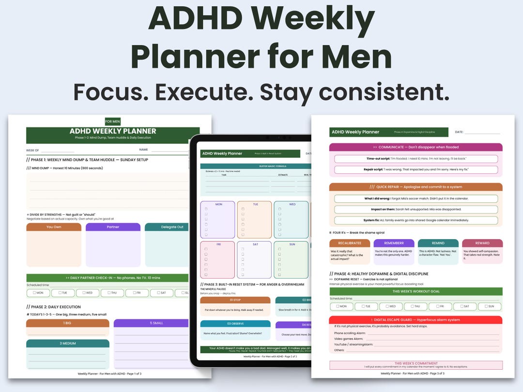 ADHD Weekly Planner for Men | Focus & Discipline System | 1-3-5 ...