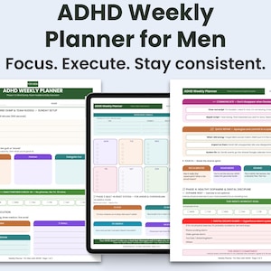 Puede incluir: Planificador semanal de TDAH para hombres, con el texto "Focus. Execute. Stay consistent." El planificador incluye secciones para tareas diarias, mapas mentales y establecimiento de objetivos. El diseño presenta un diseño limpio con secciones codificadas por colores.