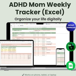 Puede incluir: Un rastreador semanal digital de ADHD Mom (Excel) que se muestra en una computadora portátil, tableta y teléfono. La pantalla muestra una hoja de cálculo con un diseño de planificador semanal. La imagen incluye el texto "Organiza tu vida digitalmente" y "Descarga instantánea".
